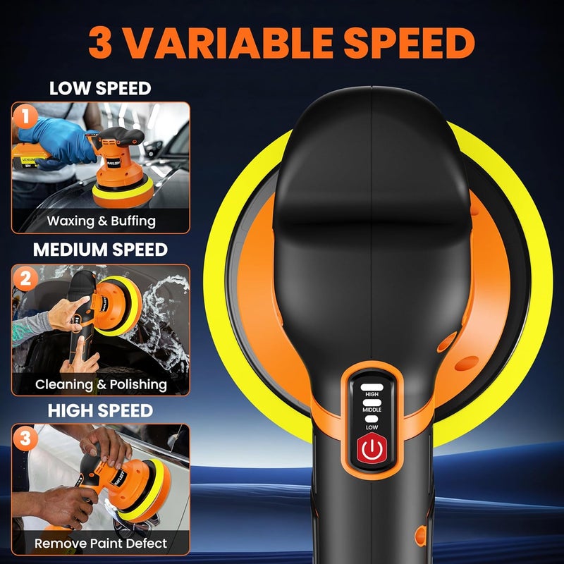 RAYLEEY Cordless Buffer Polisher Kit for DEWALT 20V LI-ION Battery.6-Inch Orbital Buffer Polisher with 3 Variable Speed with 25pcs Polishing Accessories, for Car Polishing/Waxing (Tool Only) - Image 5